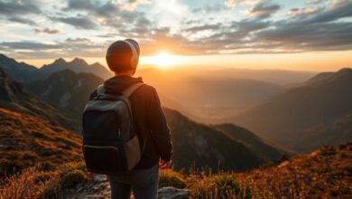 Um mochileiro olhando para uma paisagem montanhosa deslumbrante ao nascer do sol, simbolizando a aventura e a liberdade de um mochilão