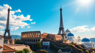 Uma colagem deslumbrante de marcos europeus icônicos como a Torre Eiffel, o Coliseu e as cúpulas azuis de Santorini sob um céu ensolarado