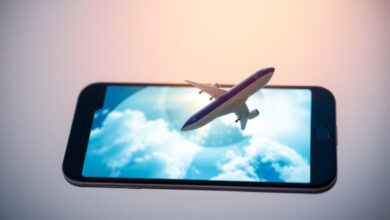 Um smartphone exibindo vários aplicativos de viagem com um avião decolando ao fundo, simbolizando a compra de passagens aéreas pelo celular