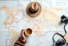 Uma pessoa planejando um roteiro de viagem em um mapa com uma xícara de café, uma bússola e uma câmera fotográfica ao lado