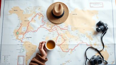 Uma pessoa planejando um roteiro de viagem em um mapa com uma xícara de café, uma bússola e uma câmera fotográfica ao lado
