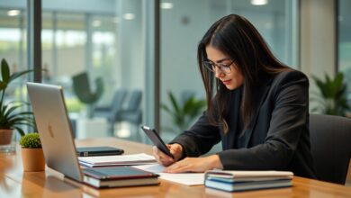 Pessoa organizando documentos necessários para tirar passaporte brasileiro, com atenção aos detalhes em uma mesa moderna.