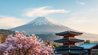 Colagem de paisagens icônicas do Japão, incluindo o Monte Fuji, flores de cerejeira e mercados tradicionais