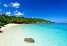 Praia caribenha com águas cristalinas, vegetação exuberante e céu azul de tirar o fôlego