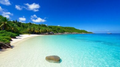 Praia caribenha com águas cristalinas, vegetação exuberante e céu azul de tirar o fôlego