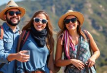 Imagem de capa mostrando viajantes felizes diante de diferentes opções de hospedagem, como hotéis, hostels e pousadas