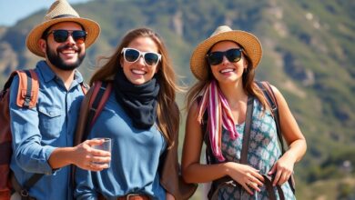 Imagem de capa mostrando viajantes felizes diante de diferentes opções de hospedagem, como hotéis, hostels e pousadas