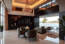 Uma recepção de hotel moderna e luxuosa, com um balcão elegante e uma área de estar convidativa ao fundo