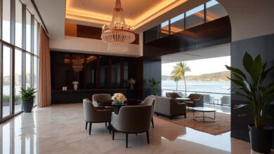 Uma recepção de hotel moderna e luxuosa, com um balcão elegante e uma área de estar convidativa ao fundo