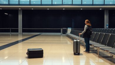 Uma mala solitária em uma esteira de bagagens de aeroporto, simbolizando o extravio de bagagem