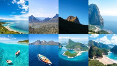 Montagem de fotos de vários destinos de férias, incluindo praias, montanhas e cidades históricas