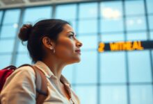 Uma pessoa olhando para um painel de voos em um aeroporto internacional, sentindo-se animada e pronta para sua primeira viagem ao exterior.
