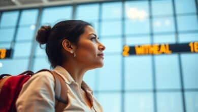 Uma pessoa olhando para um painel de voos em um aeroporto internacional, sentindo-se animada e pronta para sua primeira viagem ao exterior.