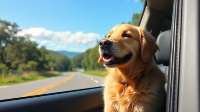 Um cachorro da raça golden retriever feliz com a cabeça para fora da janela de um carro em uma estrada ensolarada