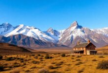 Paisagem deslumbrante com montanhas andinas, vinhedos e arquitetura típica chilena ao entardecer