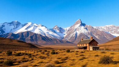 Paisagem deslumbrante com montanhas andinas, vinhedos e arquitetura típica chilena ao entardecer