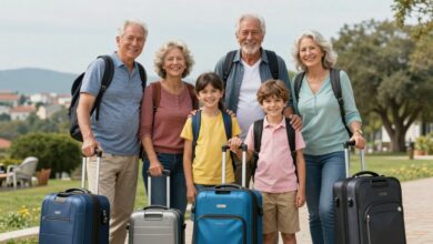 Família sorridente, incluindo idosos, viajando com malas em cenário relaxante e colorido, demonstrando felicidade e cuidado em viagem.