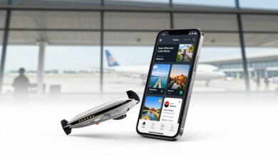 Imagem de capa mostrando um smartphone com vários apps de viagem abertos em frente a uma janela de aeroporto