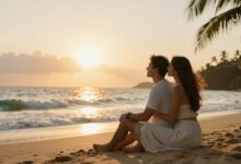 Casal aproveitando o pôr do sol em um destino paradisíaco, transmitindo romance e tranquilidade