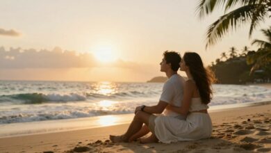Casal aproveitando o pôr do sol em um destino paradisíaco, transmitindo romance e tranquilidade