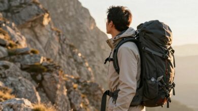 Viajante com mochila apreciando uma bela paisagem de montanhas ao entardecer