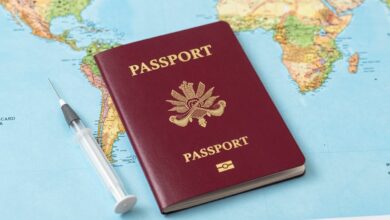 Passaporte, mapa-múndi e seringa simbolizando planejamento de viagem e vacinação