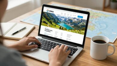 Pessoa usando notebook e celular para buscar passagens aéreas promocionais em um ambiente iluminado, com mapas e caneca de café ao lado