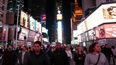 Vista panorâmica da Times Square à noite, com luzes de néon e multidões de pessoas aproveitando a energia vibrante da cidade.