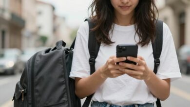 Pessoa viajando com mochila, atento ao ambiente enquanto consulta o celular, representando precaução contra golpes em viagens