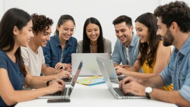 Grupo de pessoas sorrindo planejando uma viagem juntos com mapas e computadores em uma mesa