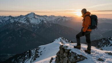 Um montanhista no cume de uma montanha nevada ao nascer do sol, com uma vista espetacular de outros picos ao fundo.