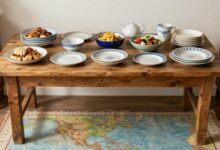 Uma mesa de madeira rústica repleta de pratos coloridos de diferentes cozinhas do mundo, com um mapa-múndi desfocado ao fundo.