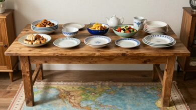 Uma mesa de madeira rústica repleta de pratos coloridos de diferentes cozinhas do mundo, com um mapa-múndi desfocado ao fundo.