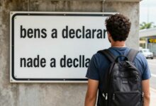 Um viajante com sua mala em frente a uma placa de alfândega em um aeroporto, com as opções 'bens a declarar' e 'nada a declarar'.