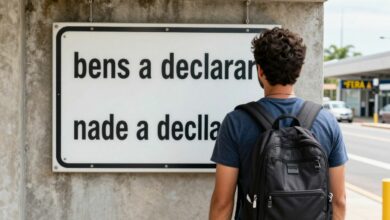 Um viajante com sua mala em frente a uma placa de alfândega em um aeroporto, com as opções 'bens a declarar' e 'nada a declarar'.