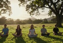 Uma pessoa meditando em uma paisagem montanhosa serena ao nascer do sol, simbolizando a paz encontrada em retiros espirituais.