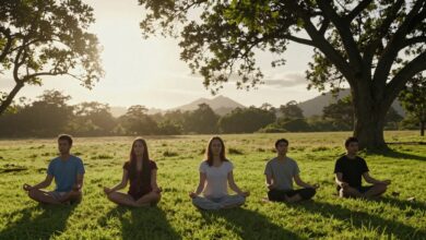 Uma pessoa meditando em uma paisagem montanhosa serena ao nascer do sol, simbolizando a paz encontrada em retiros espirituais.