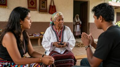 Uma colagem de imagens mostrando interações culturais respeitosas: uma pessoa comprando artesanato local, outra aprendendo uma dança tradicional e um turista observando uma cerimônia religiosa à distância.